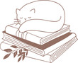 © Marina Zlochin - Cat sleeping on books hand drawn book illustration