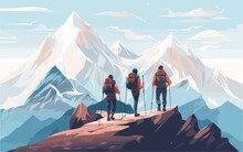 Climbers Group Helping Each Other Flat Cartoon Vector Illustration. Teamwork Concept. People With Backpacks Or Backpacks Hiking In Mountains.
