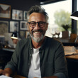 Portrait of a handsome mature man working from home with gray hair and beard wearing glasses - hipster