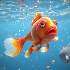 Beautifully colored goldfish swim in the clear aquarium water. 3d animation swimming goldfish.  AI Generative