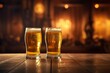 Leinwanddruck Bild - Two glasses of beer on a wooden table in a pub or restaurant ai generated
