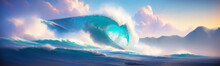Giant Blue Ocean Wave Breaking On Tropical Coast At Sunrise. Surfing Summer Wave Banner - Generative AI Illustration