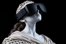 Technology, History And Fine-art Concept. Roman Woman Sculpture Wearing Virtual Reality Goggles. Bust Of Female With Glasses. Generative AI