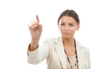 Finger, digital interface and business woman on png, isolated and transparent background for ui. Corporate, professional and female person touch for user experience, cybersecurity and touchscreen