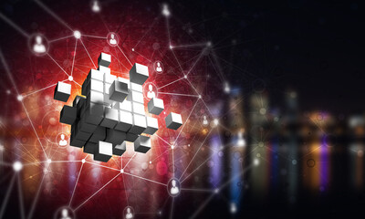 Wall Mural - concept of internet and networking with digital cube figure on dark background