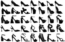 Set Collections Black High Heels Glossy Silhouette Icon. Women Shoes Logo Design Vector Illustration