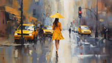 Oil Painting On Canvas, Street View Of New York, Woman Under An Yellow Umbrella, Yellow Taxi, Modern Artwork, American City, Illustration New York (ai Generated)
