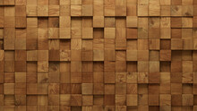 Timber, Wood Wall Background With Tiles. 3D, Tile Wallpaper With Soft Sheen, Square Blocks. 3D Render