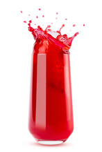 Cherry Fresh Red Juice In Glass With Drops And Splashind Isolated On White Background. Vitamin Organic Summer Drink With Splashes, Drops And Motion Liquor In Glass.