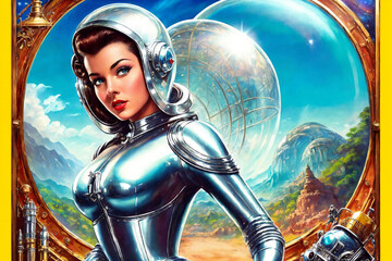 Portrait of a beautiful woman in a polished aluminum suit as an astronaut in the retro futurism style of the 50s. Generative AI.