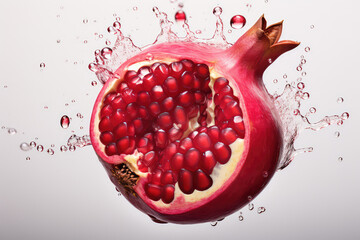 Wall Mural -  Pomegranate and sliced ​​pomegranate have splash pomegranate juice on a white background (ai generated)