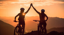 Two happy woman high five over the sunset after a successful mountain biking. Generative AI