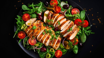 Wall Mural - Grilled chicken breast with fresh vegetable salad on black background, top view generative ai
