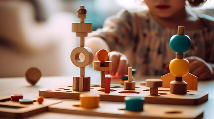 Children's playful colored geometric shapes close-up on a light table in the background, development of fine motor skills in children. Art Activity for Kids. Fine motor skills, creativity and hobby.