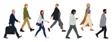 Set Of Various Business People Walking. Modern Men And Women Different Ethnicities, Ages And Body Types In Smart Casual And Formal Office Outfits With Phone, Briefcase, Bags. Vector Isolated.