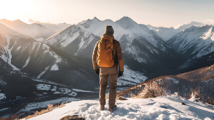 Wall Mural - man traveler with backpack hiking mountains, man enjoys the magnificent scenery of the mountains. Cold weather, snow on hills. Winter hiking.