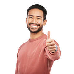 happy asian man, portrait and thumbs up for approval standing isolated on a transparent png backgrou