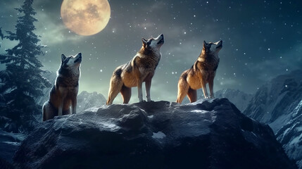 Wall Mural - wolves howling on a cliff