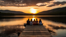 Group Of Friends Sitting On Dock In The Evening Watching Sunset