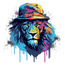 A Portrait Of A Colorful Lion Wearing A Hat. Vector Art In Graffiti Style For T-shirts, Mugs, Cases, Apparel.
