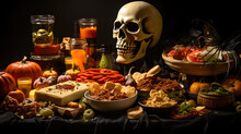 Scary Halloween Decorated Food Grocery Dinner With Skull, Skeleton, Dead, Spooky Scary Party October 31, Autumn Fall Holiday Banner