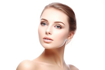 Wall Mural - Beautiful face of a young woman with perfect health skin on light background. Generative AI