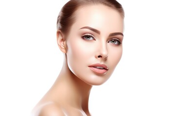 Wall Mural - Beautiful face of a young woman with perfect health skin on light background. Generative AI