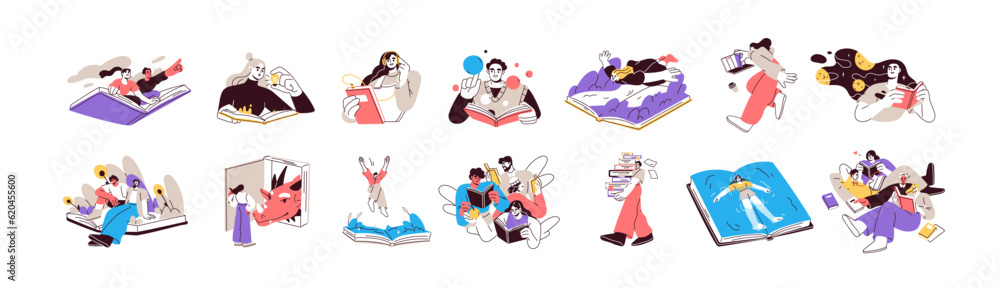 Book concepts set. Readers reading fantasy, fiction, education ...