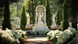 © radekcho - Image with background and place for caption and fragment of tragic sad angel statue at the cemetery. Funeral ceremony.