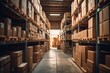 Warehouse or storage and shelves with cardboard boxes. Industrial background.
