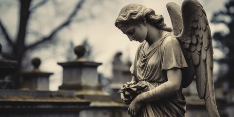 Image with background and place for caption and fragment of tragic sad angel statue at the cemetery. Funeral ceremony.