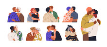 LGBT Love Couples Kissing, Hugging Set. Romantic Sexy Gay And Lesbian Men, Women Embracing With Passion. Intimate Homosexual Relationship. Flat Vector Illustrations Isolated On White Background