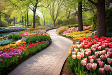 A Path Surrounded By Colorful Tulips