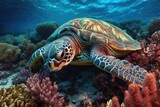 Fototapeta Do akwarium - Turtle swimming underwater in the colorful coral reef. Tropical marine life. Generative AI