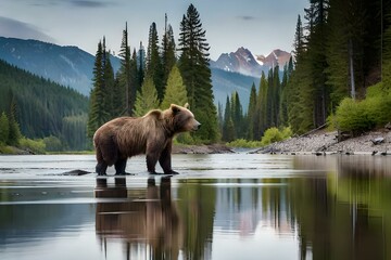 brown bear in the lake generated by ai tool