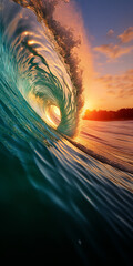 Wall Mural - The perfect breaking wave barrel to surf at sunset. Generative AI illustration