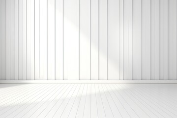 Canvas Print - Minimalistic White Room Interior with Wood Plank Floor and Rhythmic Shadows Cast by Sunlight - 3D Render of Spacious Empty Architecture: Generative AI