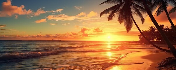 Wall Mural - Beauty of beach oceans and romantic sunsets. Majestic palm trees, sunsets and beautiful seascape in paradise