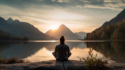 Wall Mural - back view of a man sitting in yoga pose in the sundown with a lake and mountains in front of him created by generative AI