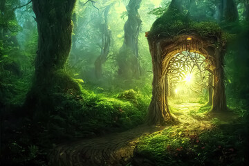 Wall Mural - Magic teleport portal in mystic fairy tale forest. Gate to parallel fantasy surreal world. Generative AI.