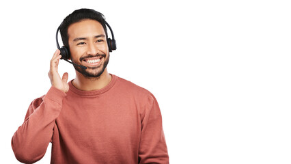 Wall Mural - Happy asian man, call center and headphones in customer service isolated on a transparent PNG background. Male person, consultant or agent smile and headset for online advice, help or telemarketing