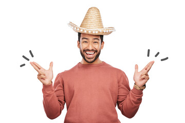 Celebration, portrait and man with sombrero and smile, costume party isolated on transparent png background. Festival, event or carnival in Mexico, excited person with hat and happiness with culture.