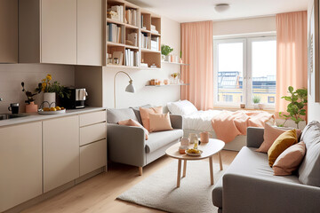 Scandinavian style small studio apartment with stylish design in light pastel colors with big window, living room, kitchen space and bed. AI generative