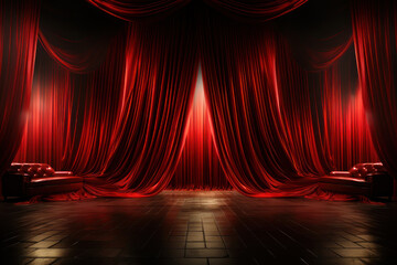 Red curtain and chairs in the theater. AI generative.