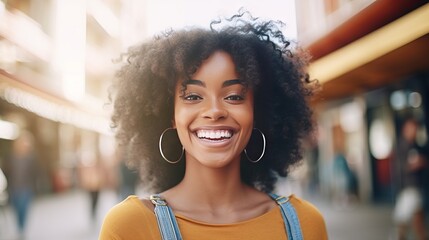 happy young african american woman smiling in the city. closeup portrait of a happy young adult afri