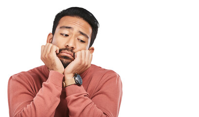 Depression, thinking and sad asian man with stress, guilt or broken heart on isolated, transparent or png background. Doubt, fear and face of guy person lonely, bored and unhappy, anxiety and pensive