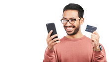 Happy Asian Man, Phone And Credit Card For Online Shopping Isolated On A Transparent PNG Background. Excited Male Person Or Shopper With Smile On Mobile Smartphone For Bank App, Ecommerce Or Purchase