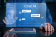 AI chat bot conversation using artificial intelligence technology to answer user. Chatbot virtual assistant, generative AI, customer support. Person touching virtual screen. Chat prompt interface.