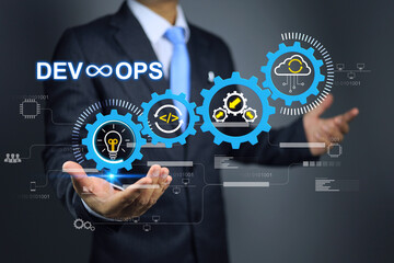 DevOps software development and IT operations, software engineer, project manager working on agile methodology, dev ops icon and javascript. Development Operations programming technology concept.