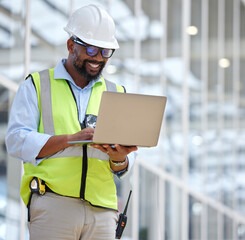 Laptop, engineering man and construction worker for online project. management, building progress and floor plan. African person in architecture design on computer for renovation on industry software